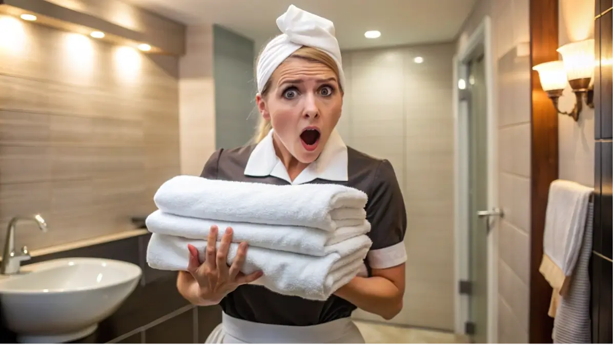 Pokojská skládá hotelové osušky s vyšitým logem hotelu
